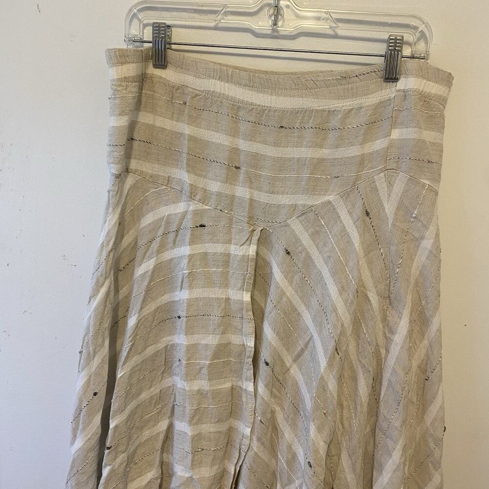 Women L Midi Skirt Bohemian Asymmetrical Natural Beige Linen Blend Striped Beach - Picture 6 of 10